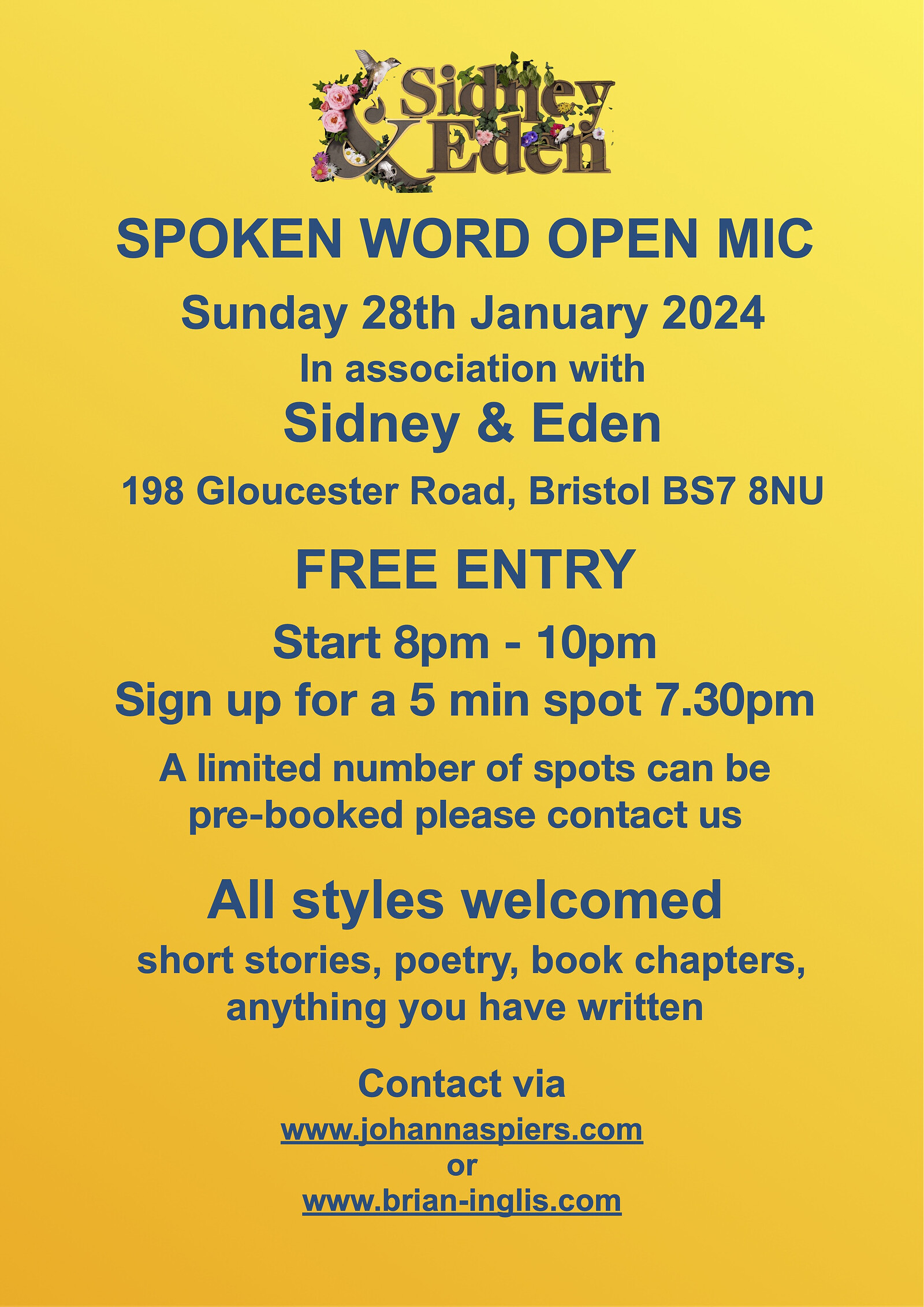 Spoken Word Open Mic at Sidney & Eden