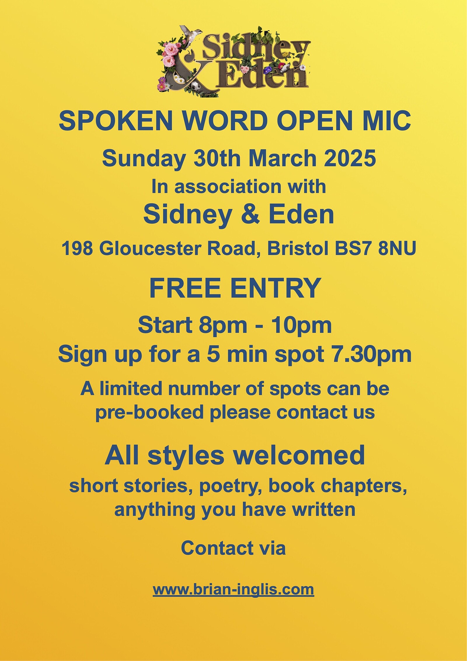 Spoken Word Open Mic at Sidney & Eden
