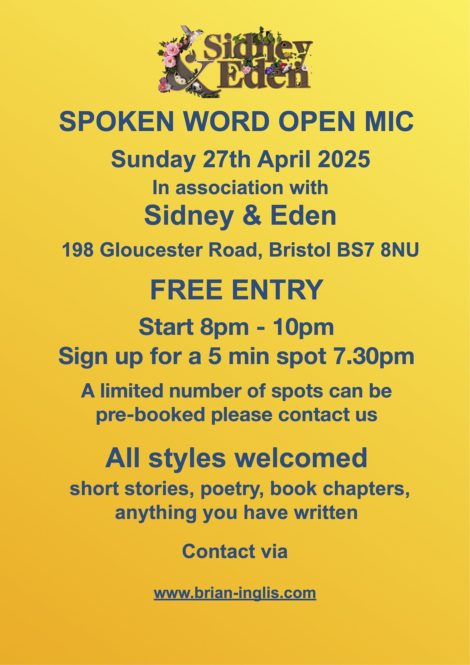 Spoken Word Open Mic at Sidney & Eden