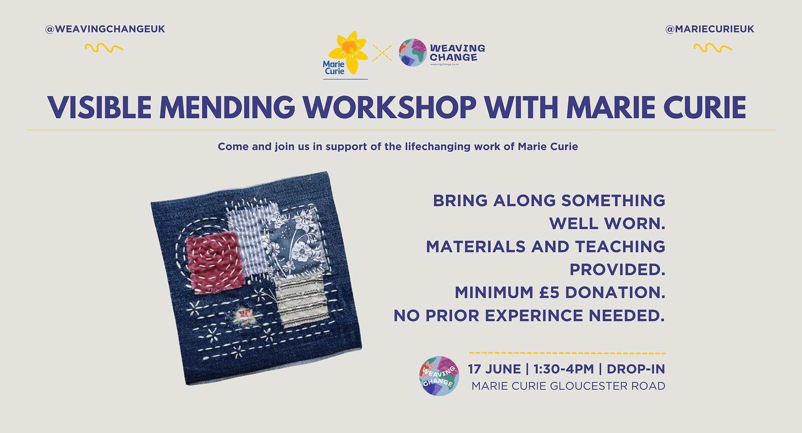 Visible mending workshop with Marie Curie Uk at Gloucester Road Marie Curie shop