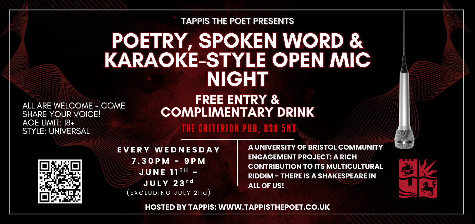 Tappis the Poet Presents: Poetry, Spoken Word, Karaoke-Style Open Mic Night at The Criterion Pub, Bristol