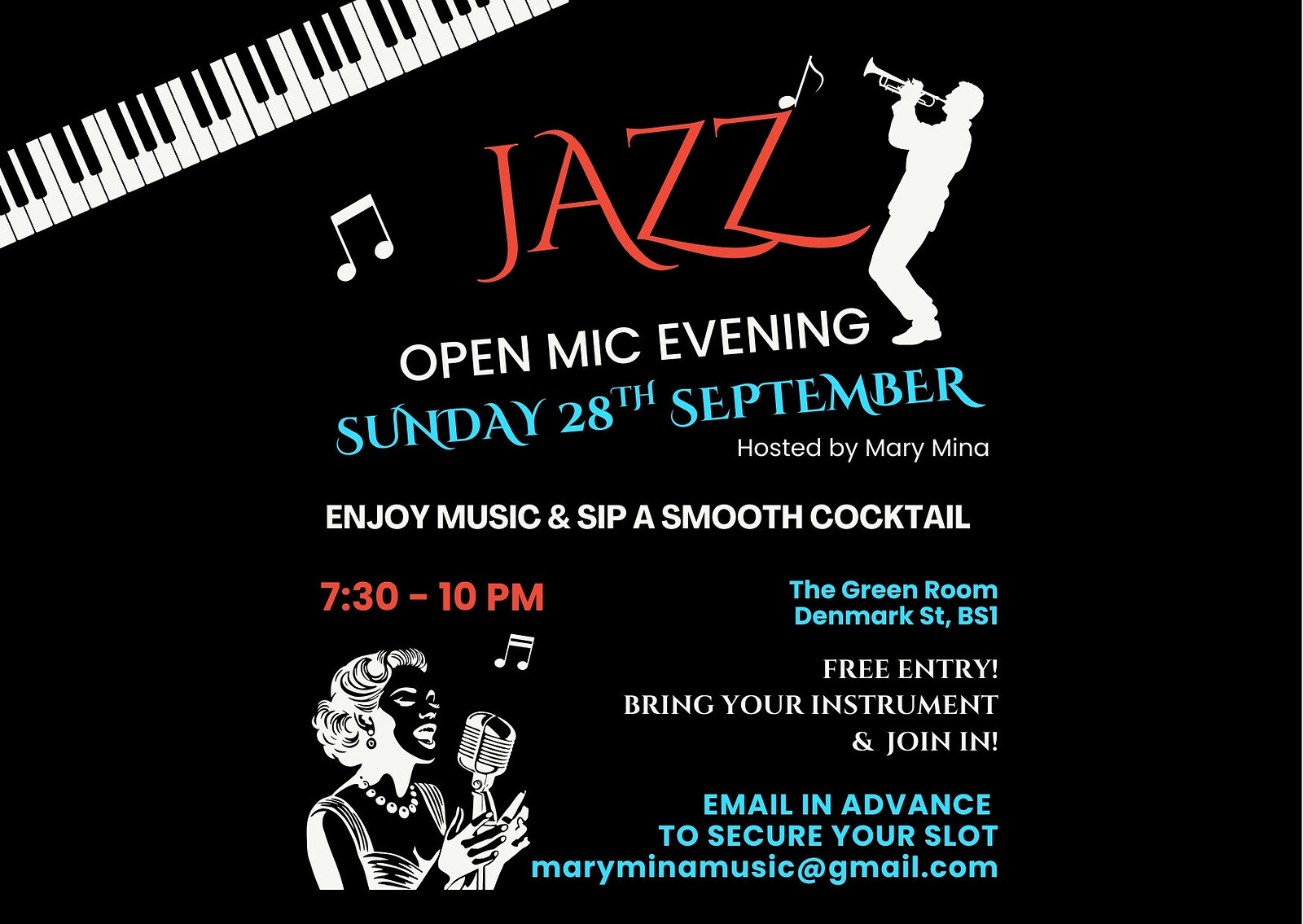 JAZZ OPEN MIC EVENING at THE GREEN ROOM, DENMARK STREET, BRISTOL BS1 5DQ