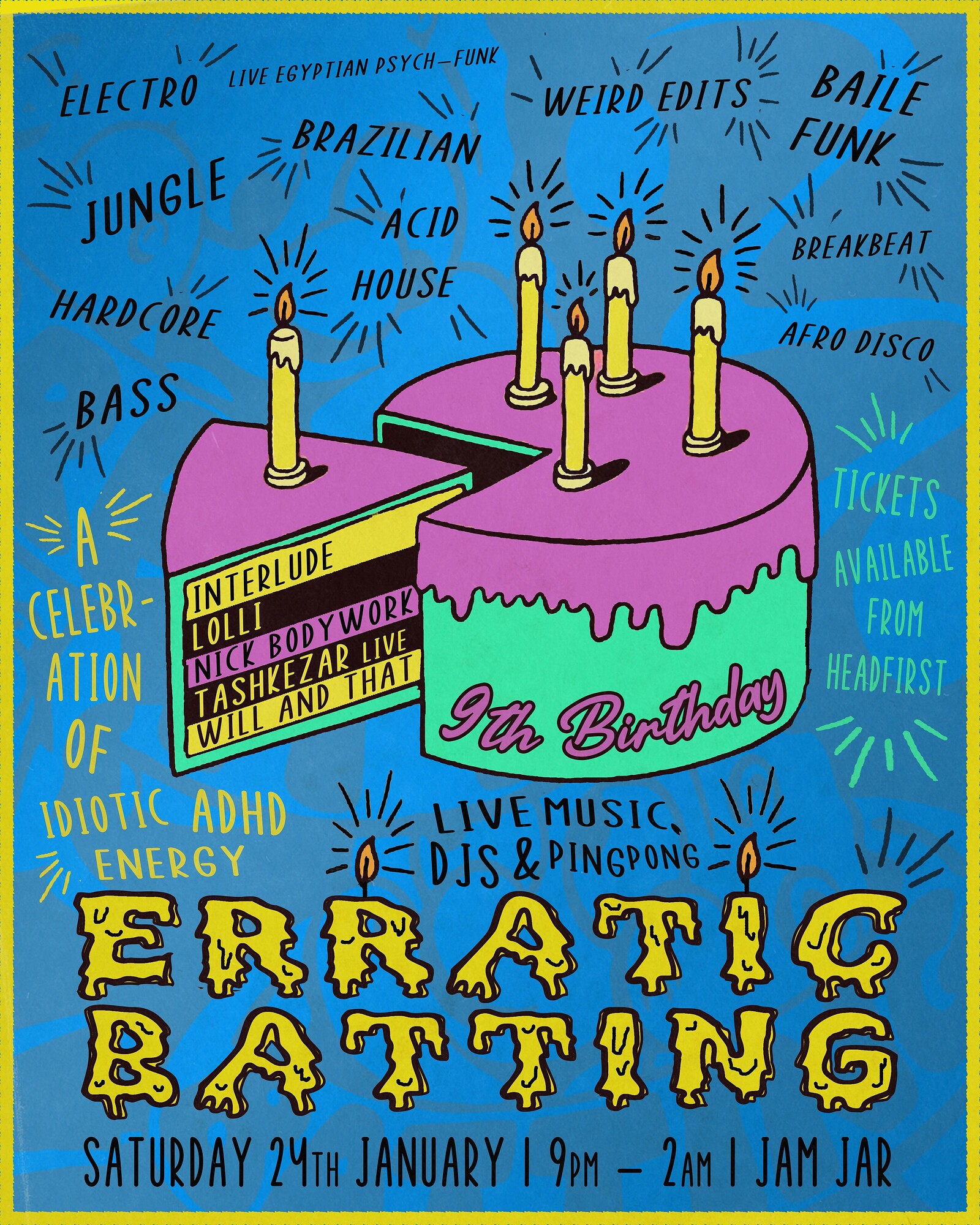 Erratic Batting 9th Birthday: Tashkezar  + 6 DJs at The Jam Jar