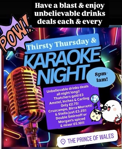 POW’s Thirsty Thursday Karaoke at Prince of Wales BS7 8AA