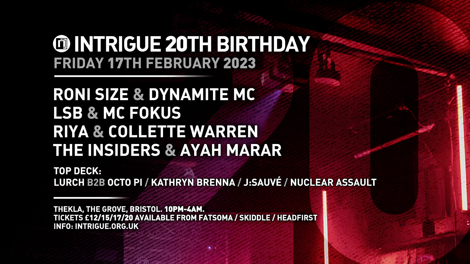Intrigue 20th Birthday Roni Size, LSB & more at Thekla