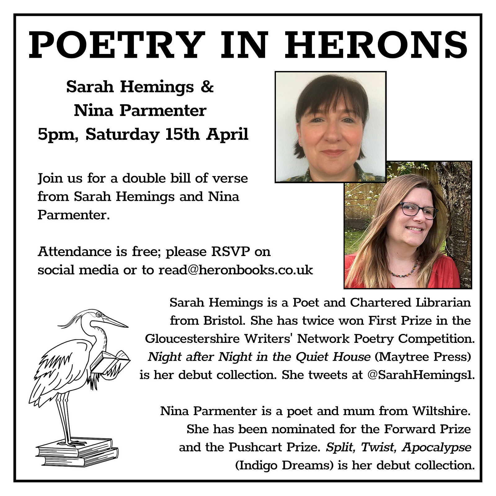Poetry in Herons: Sarah Hemings & Nina Parmenter at Heron Books