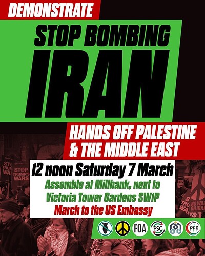 Coaches to Hands Off Iran - Stop Trump's Wars demo, Central London at Anchor Road Bristol (bus stops by We the Curious)