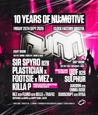 10 Years of NM: Sir Spyro B2B Plastician, Footsie, Killa P, Mez, ODF & More at Clock Factory
