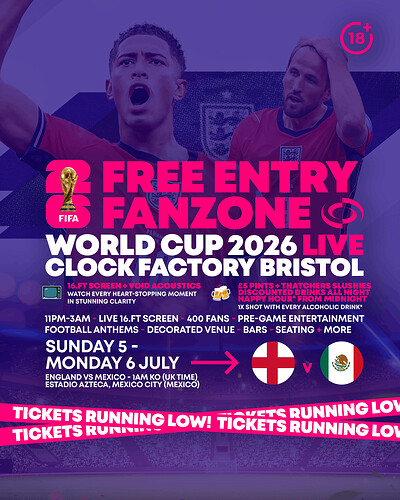 World Cup 2026 – England vs Mexico at Clock Factory