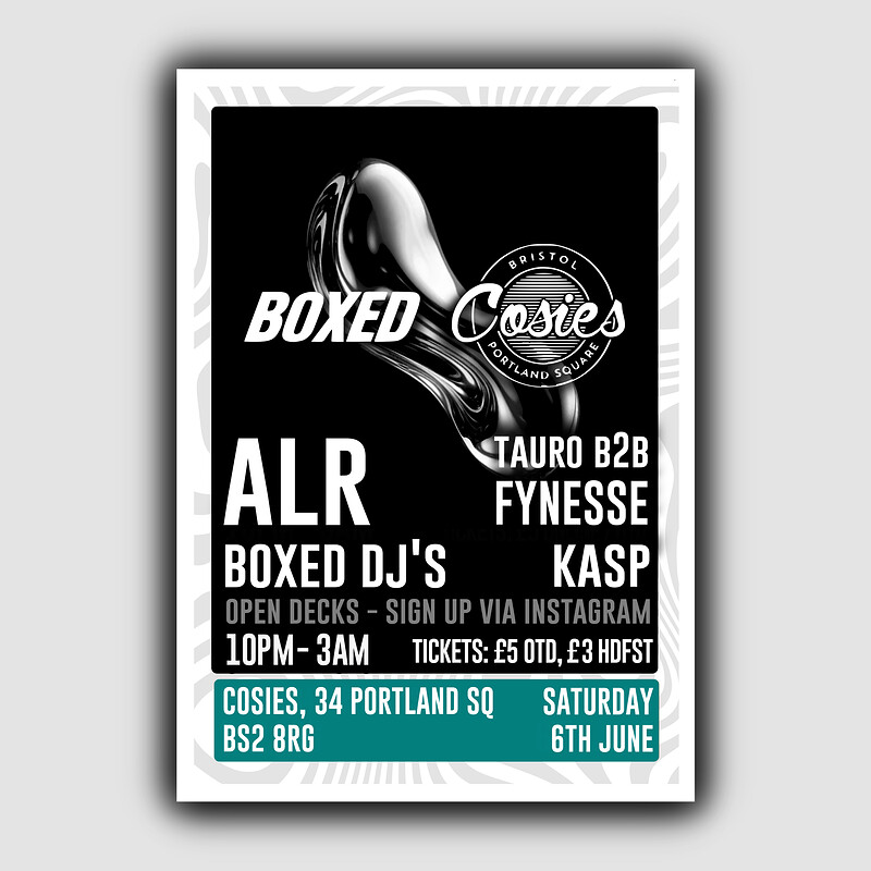 Boxed x Cosies w/ ALR, Tauro B2B Fynesse, Kasp + OPEN DECKS at Cosies