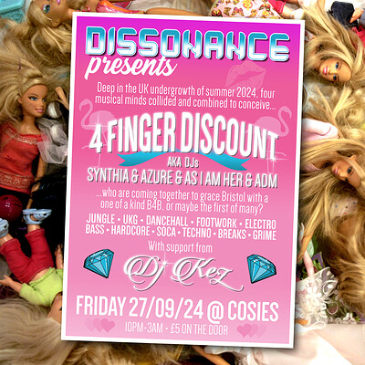 Dissonance Presents: Four Finger Discount + DJ Kez at Cosies