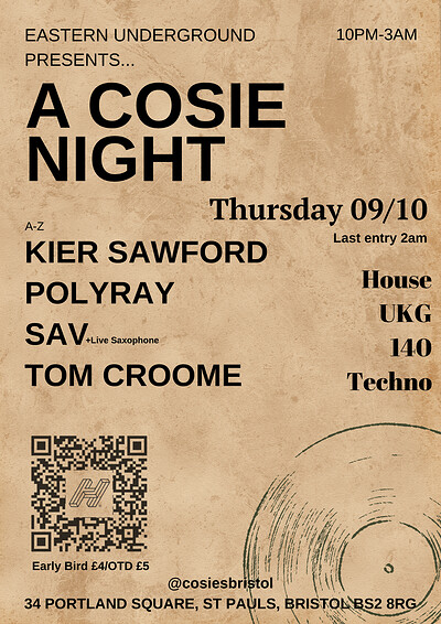 Eastern Underground Presents: A Cosie Night at Cosies