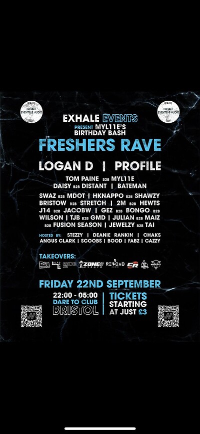 THE EXHALE FRESHERS RAVE W/ LOGAN D & PROFILE at Dare to Club