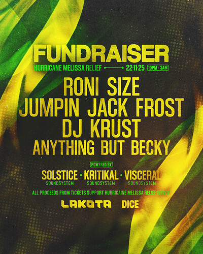Hurricane Melissa Fundraiser w/ Roni Size + more at Lakota