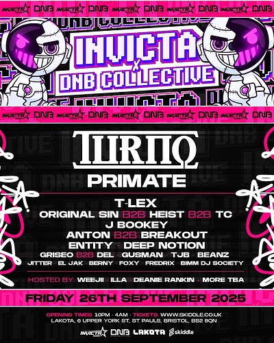 Invicta Audio x DNB Collective | Bristol | Turno, Primate, T-Lex & More at Lakota