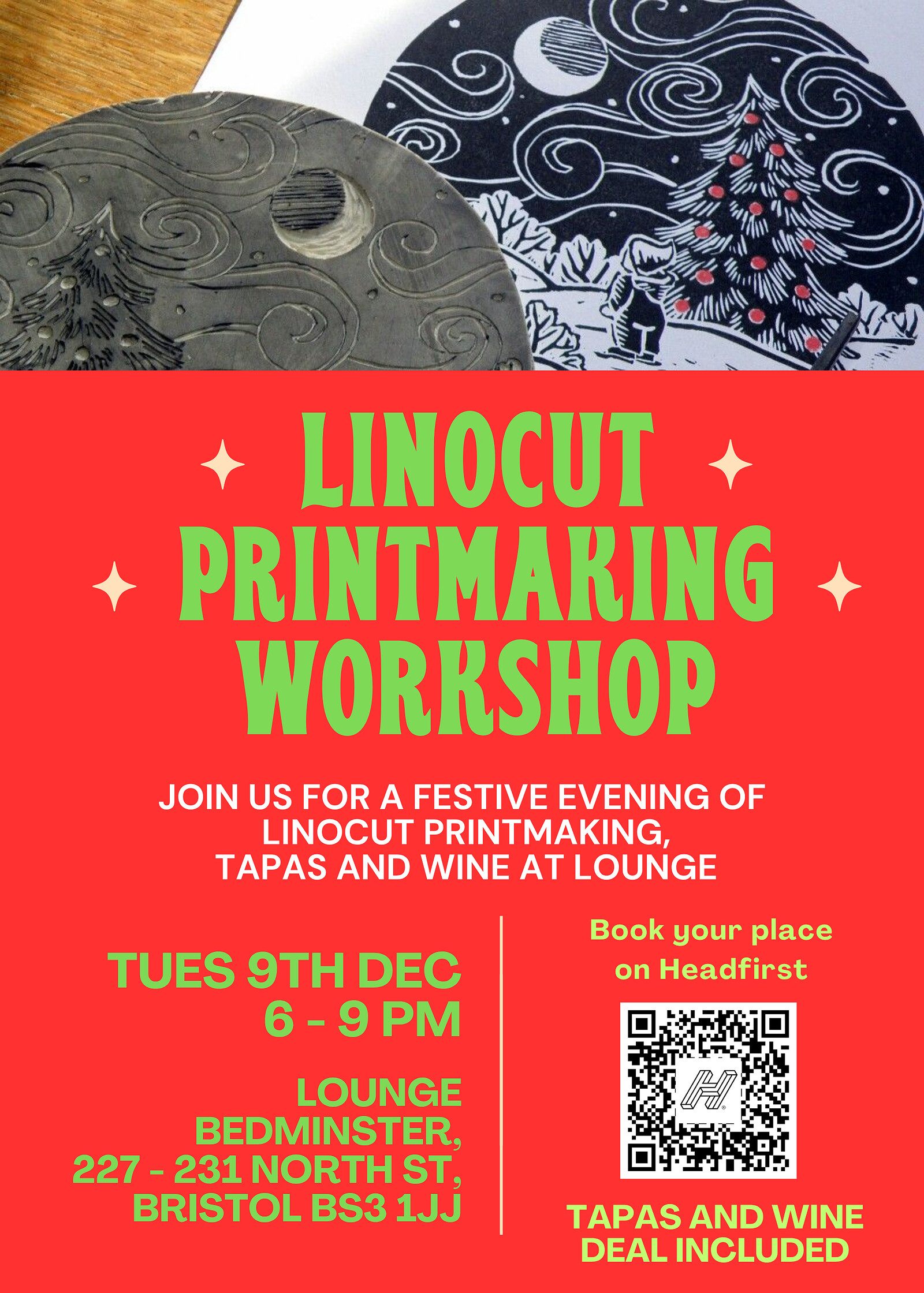Linocut Printmaking / Tapas + Wine evening at Lounge Bedminster