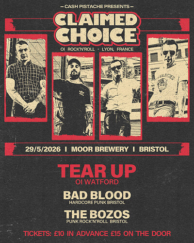 CLAIMED CHOICE + TEAR UP + BAD BLOOD + BOZOS at Moor Beer Co