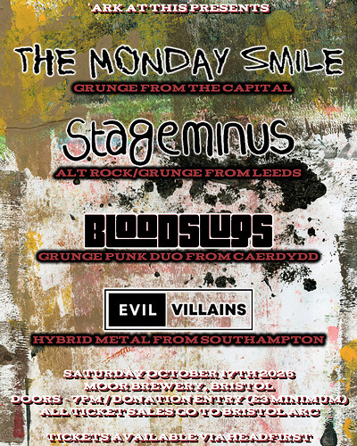 THE MONDAY SMILE / STAGEMINUS / BLOODSLUGS / EVIL VILLAINS at Moor Beer Co