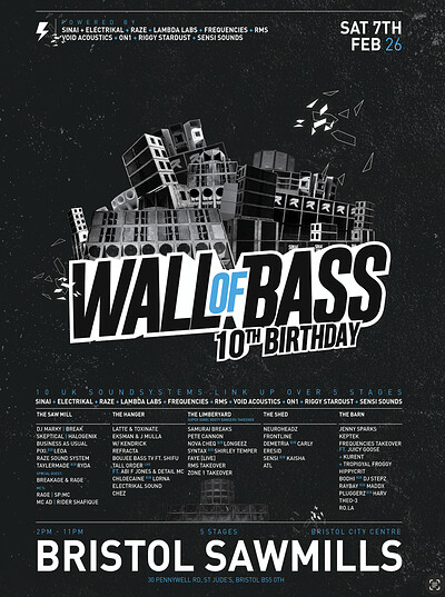 Wall of Bass | 10th Birthday - LATE ENTRY AVAILABLE at Sawmills