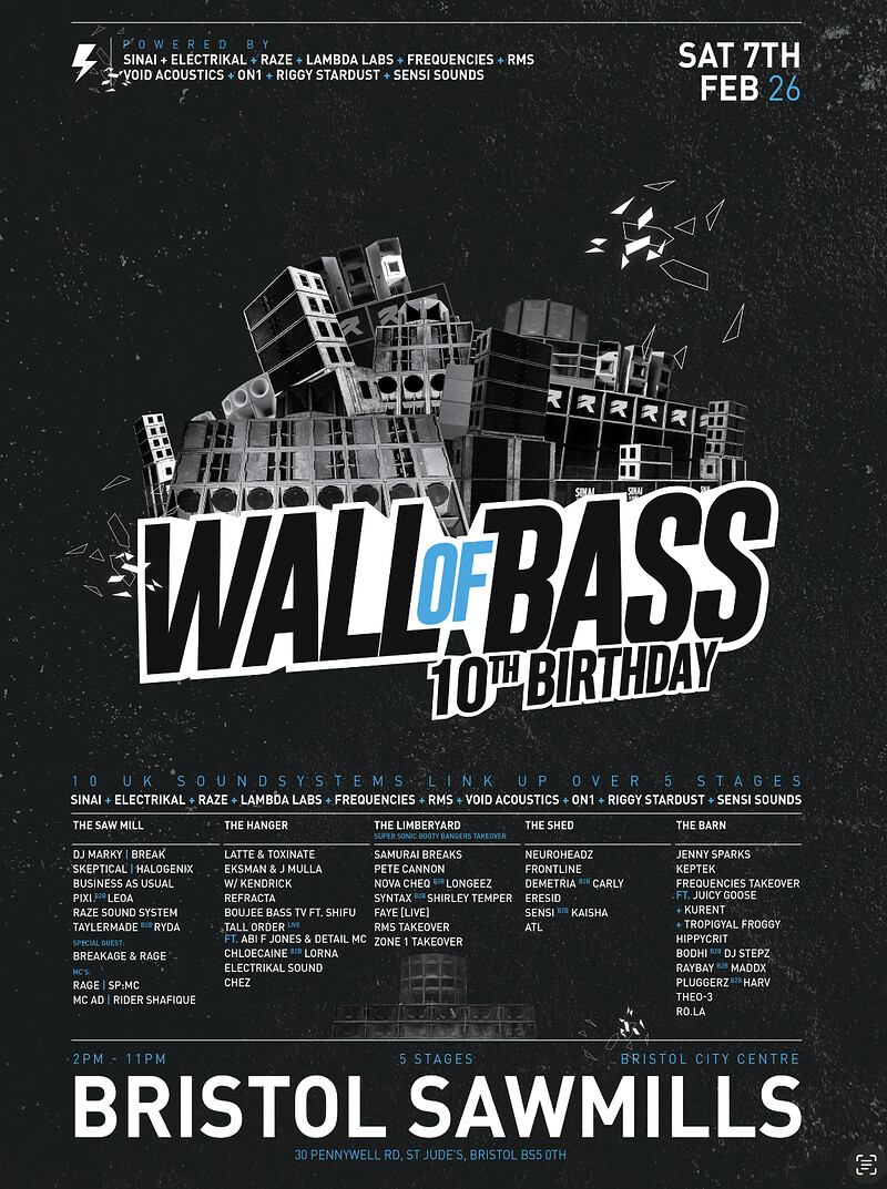 Wall of Bass | 10th Birthday - LATE ENTRY AVAILABLE at Sawmills