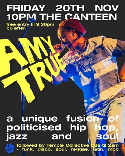 Amy True + Temple Collective DJs til late at The Canteen