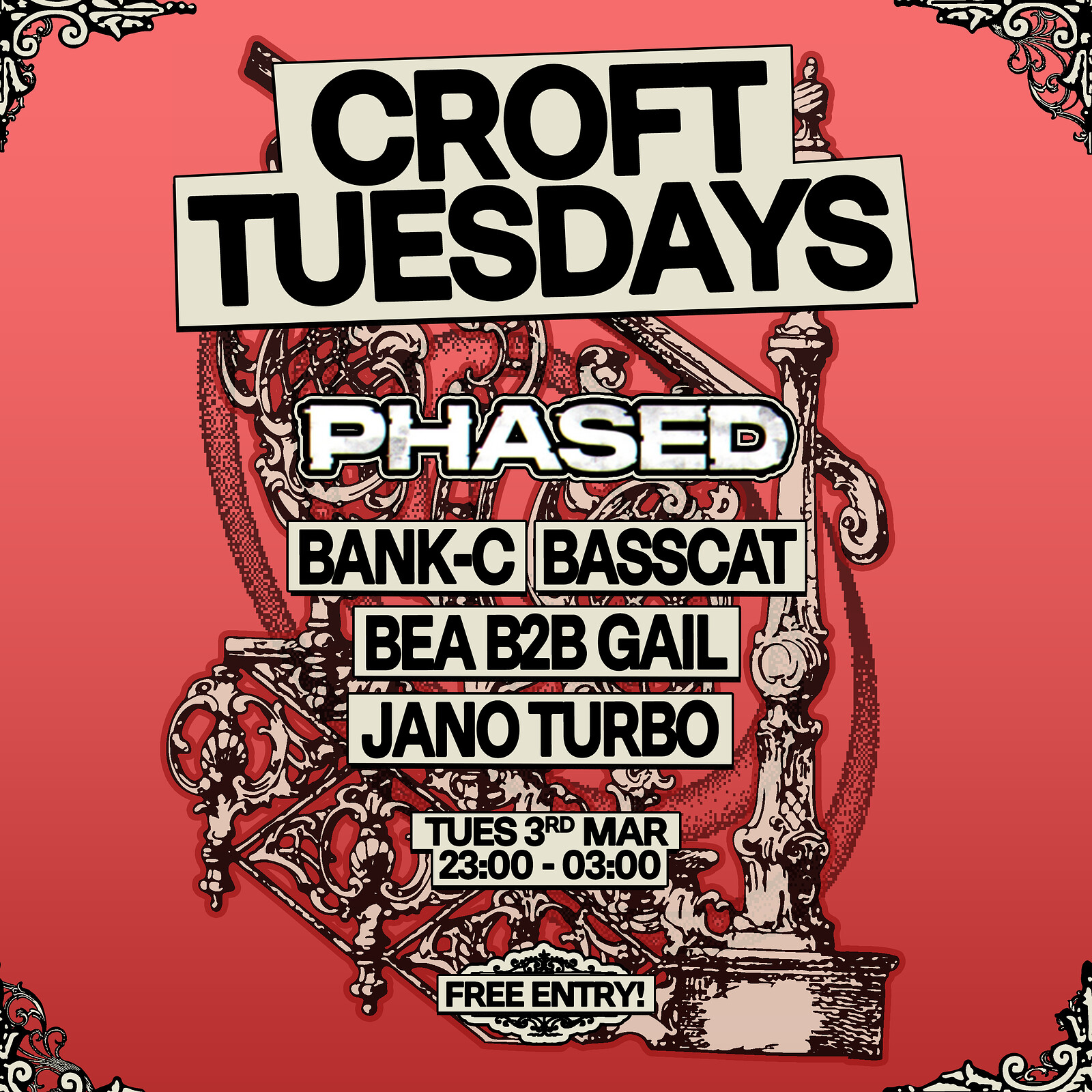 Phased: Bank-C, Basscat, BEA B2B Gail + Jano Turbo at The Croft