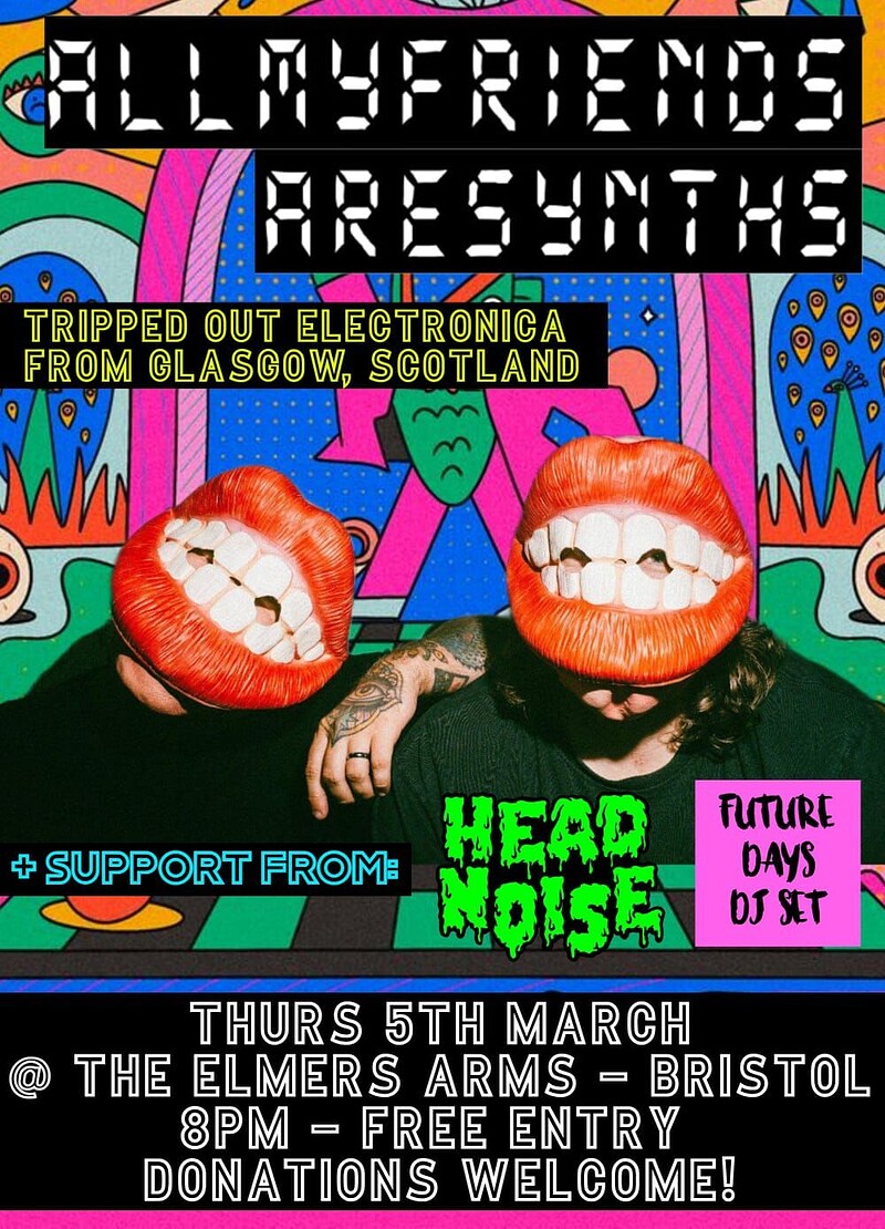 Allmyfriendsaresynths / Head Noise + DJ set by Future Days at The Elmer's Arms