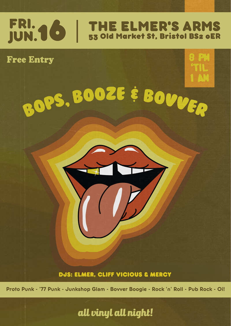 Bops, Booze & Bovver returns this Friday FREE at The Elmer's Arms