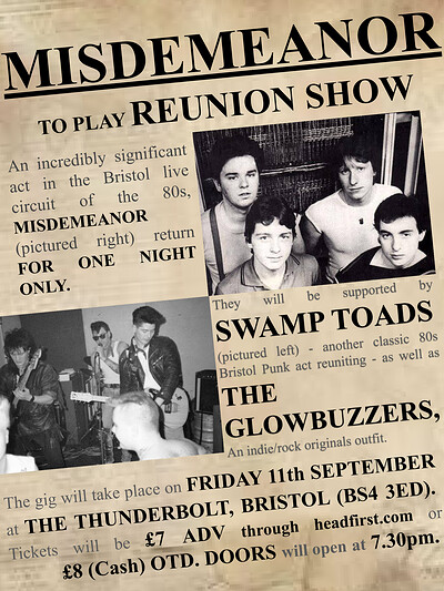 MISDEMEANOR *REUNION SHOW* + The Swamp Toads + The Glowbuzzers at The Thunderbolt