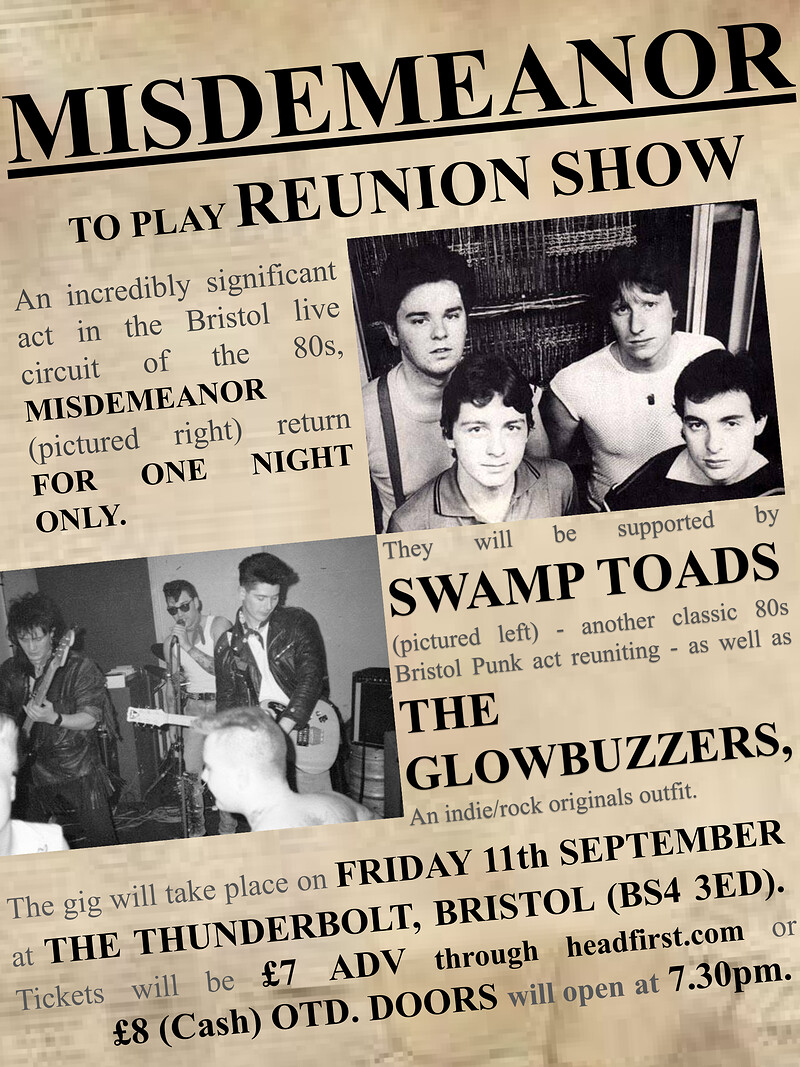 MISDEMEANOR *REUNION SHOW* + The Swamp Toads + The Glowbuzzers at The Thunderbolt